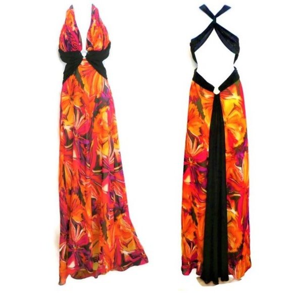 Adrianna Papell Dresses & Skirts - Hailey Logan Adrianna Papell Halter Dress Maxi Neon Floral Sash Backless